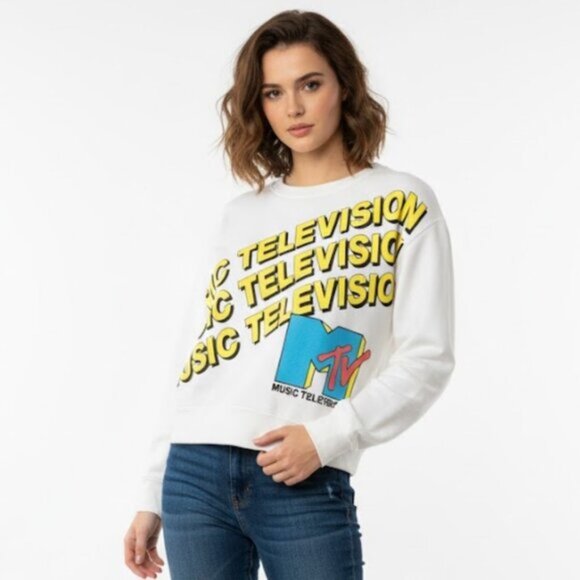 Viacom 2019 MTV Music Television Cropped Women's White Sweatshirt Size Large - Picture 1 of 9
